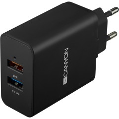 CANYON Universal 2xUSB AC charger (in wall) with over-voltage protection(1 USB with Quick Charger QC3.0), Input 100V-240V, Output USB/<wbr>5V-2.4A+QC3.0/<wbr>5V-2.4A&9V-2A&12V-1.5A, with Smart IC, Black rubber coating+QC3.0 port in blue/<wbr>other port in orange