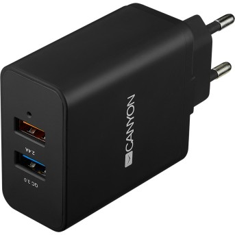 CANYON Universal 2xUSB AC charger (in wall) with over-voltage protection(1 USB with Quick Charger QC3.0), Input 100V-240V, Output USB/<wbr>5V-2.4A+QC3.0/<wbr>5V-2.4A&9V-2A&12V-1.5A, with Smart IC, Black rubber coating+QC3.0 port in blue/<wbr>other port in orange - Metoo (1)