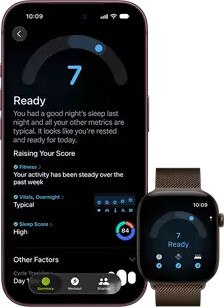 iPhone 18 Pro, black, front exterior, displaying the results of the Readiness status (score of 7), paired with Apple Watch, front facing, brown, displaying the same Readiness score of 7