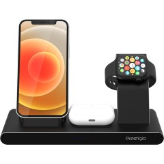 Prestigio ReVolt A7, 3-in-1 wireless charging station for iPhone, Apple Watch, AirPods, wilreless output for phone 7.5W/<wbr>10W, wireless output for AirPods 5W, wireless output for Apple Watch 2.5W, material: aluminum+tempered glass, black color