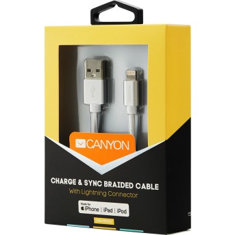 CANYON Charge & Sync MFI braided cable with metalic shell, USB to lightning, certified by Apple, cable length 1m, OD2.8mm, Pearl White - Metoo (4)
