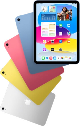 Front view iPad shows home screen, behind are four back facing iPad models in blue, pink, yellow, and silver