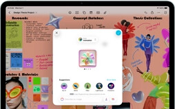 iPad Air, front exterior, landscape orientation, volume-up button, volume-down button, power button, screen displays a colorful app interface with various icons