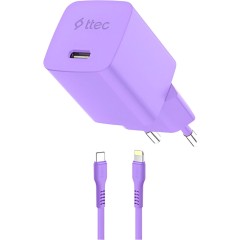 ttec SmartCharger GAN 20W PD Travel Fast Charger + USB-C - Lightning Cable 120cm, Neon Purple..
