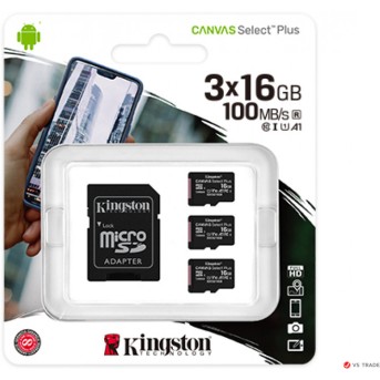 Карта памяти Kingston 16GB micro SDHC Canvas Select Plus 100R A1 C10 Three Pack + Single ADP, SDCS2/<wbr>16GB-3P1A - Metoo (1)