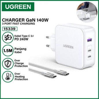 Зарядное устройство Ugreen CD289 Nexode 140W 3-Port PD GaN Fast Charger EU (White), 15339 - Metoo (1)
