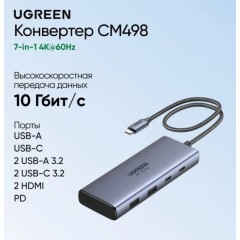 Hub UGREEN CM498 7-in-1 USB-C Hub USB-C to 2*HDMI(4K@60Hz)+2С2A+PD(100W) 45379..