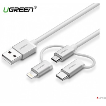 Переходник Ugreen US186 USB 2.0 A To Micro USB+Lightning+Type C (3 in 1) Cable Sliver 1.5M, 50203 - Metoo (1)