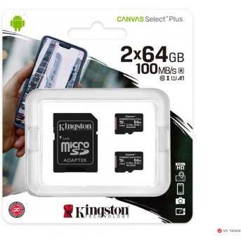 Карта памяти Kingston 64GB micro SDHC Canvas Select Plus 100R A1 C10 Two Pack + Single ADP, SDCS2/<wbr>64GB-2P1A - Metoo (1)