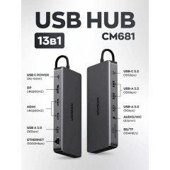 Hub UGREEN CM681 13-in-1 USB-C Hub USB-C to DP+2*HDMI(4K@60Hz)+RJ45+1С3A+3.5mm+ SD/TF+PD(100W) 159..
