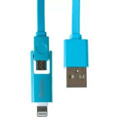 Кабель OLMIO USB 2.0 - microUSB/<wbr>Apple 8pin, 2-в-1, 1м, 2.1A, голубой, плоский