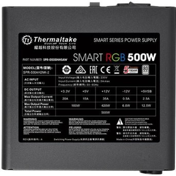 Блок питания Thermaltake Smart RGB 500W/<wbr>Fan Hub/<wbr>80 Plus/<wbr>EU/<wbr>All Sleeved Cables, PS-SPR-0500NHSAWE-1 - Metoo (5)