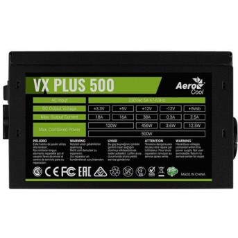 Блок питания, Aerocool, VX PLUS 500, 500W, ATX, (230V None-PFC), 20+4 pin, 4+4pin, 3*Sata, 3*Molex, - Metoo (1)