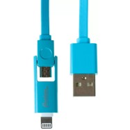 Кабель Olmio USB 2.0 - microUSB/Apple 8pin, 2-в-1, 1м, 2.1A, голубой, плоский