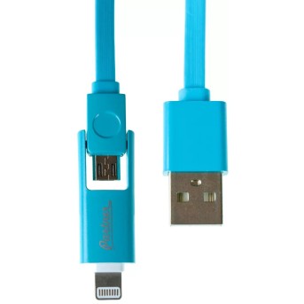 Кабель Olmio USB 2.0 - microUSB/<wbr>Apple 8pin, 2-в-1, 1м, 2.1A, голубой, плоский - Metoo (1)