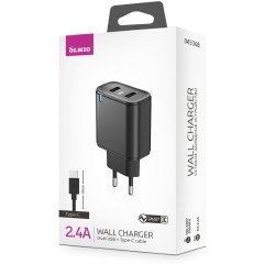 Зарядное устройство сетевое Olmio USBx2, 2.4А, Smart IC черный