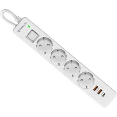 Сетевой фильтр Defender DFS 143 - 3,0 М, 4 розеток, 2xUSB, 1xType-C, белый